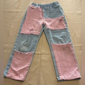 SHEIN Pink and‎ Blue Patchwork Jeans Straight-Leg